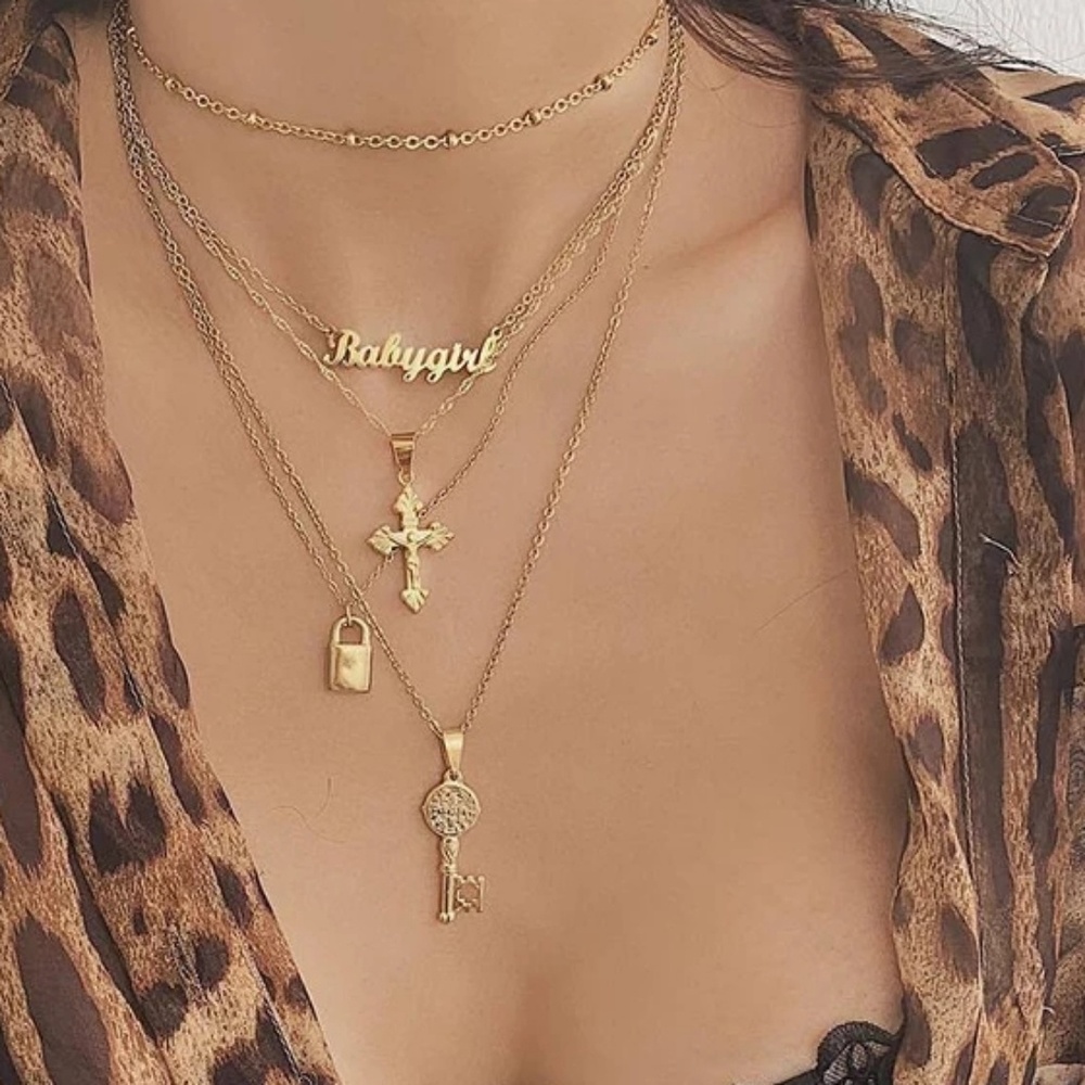 📿📿📿 Babygirl Cross Lock Key Multilayer Necklace